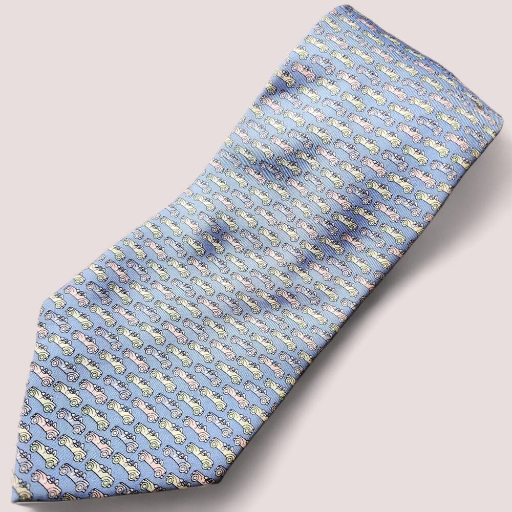 VINEYARD VINES | Blue w/ Pastel Pink Green Yellow Roadster Car Pattern Silk Tie